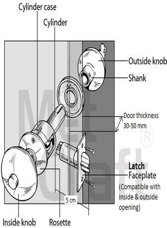 Met Craft Room Door Knob Lock - with 3 Brass Key Cylindrical Lock for Bedroom/Main Door/Tubular Door Knob/Handle (Silver Matt, 60 mm Backset) - Image 3